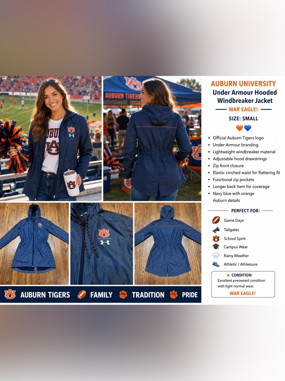 Under Armour Navy Auburn University Tigers Women's Hooded Windbreaker Small